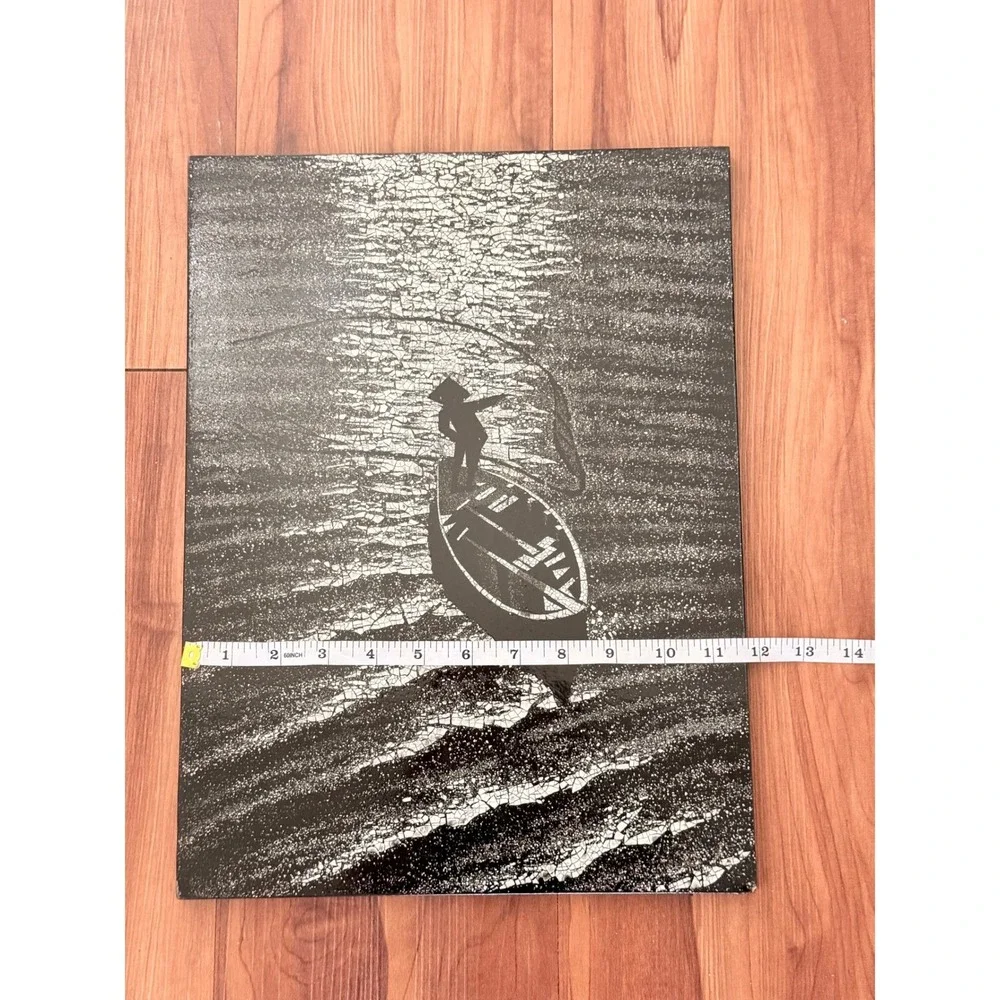 Vintage Vietnamese Lacquer Wall Art Black White Fisherman Boat‎ Crackle